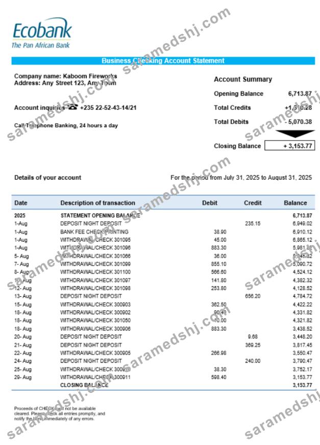 Chad Ecobank organization checking account statement Word and PDF template